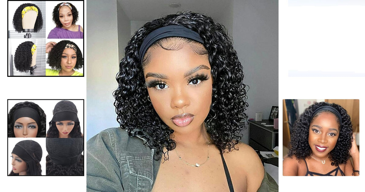 12 Inch Human Hair Deep Wave Curly Headband Wig No Lace Glueless Brazilian Virgin