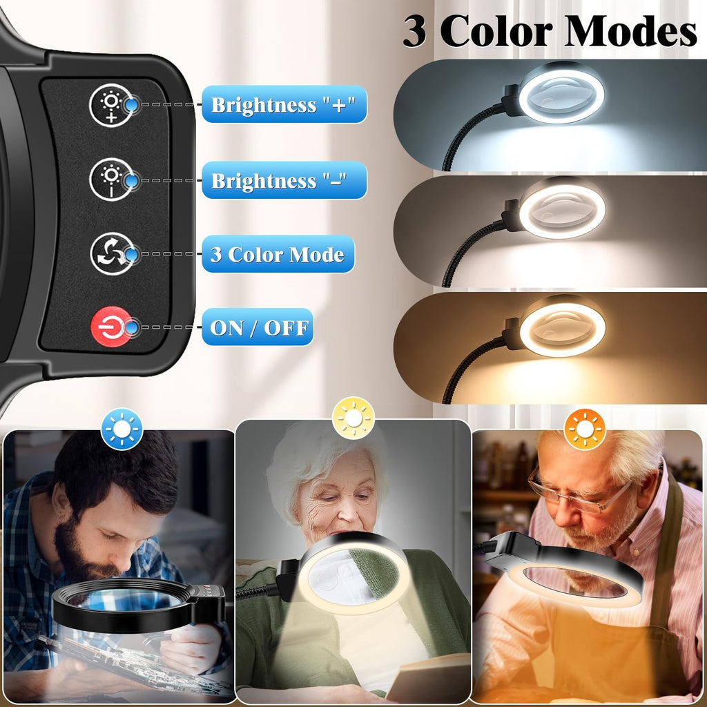 10X 30X LED Magnifying Glass with Light and Stand - Dimmable Desk Lamp for Crafts and Close Work