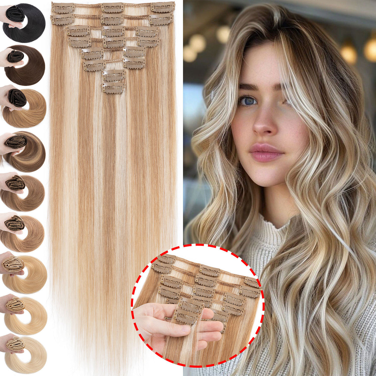 Clip-In Hair Extensions Full Head 8 Pieces Remy Human Hair 4-24 Inches
