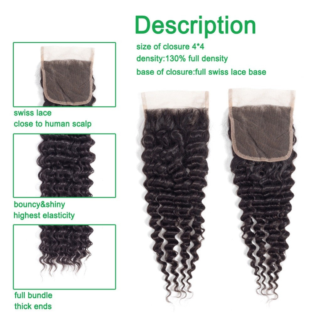 Virgin Human Hair Extensions 3 Bundles with Free Part Lace Closure Deep Wave