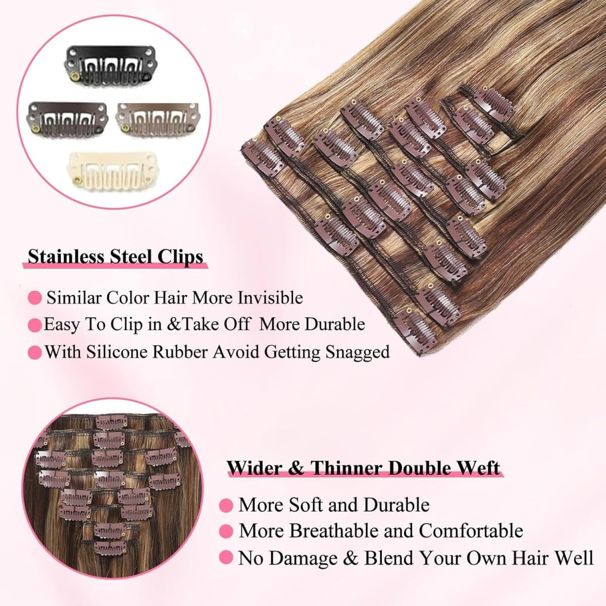 Clip In Hair Extensions 8pcs 16 Inches Brown to Honey Blonde Remy Human Hair