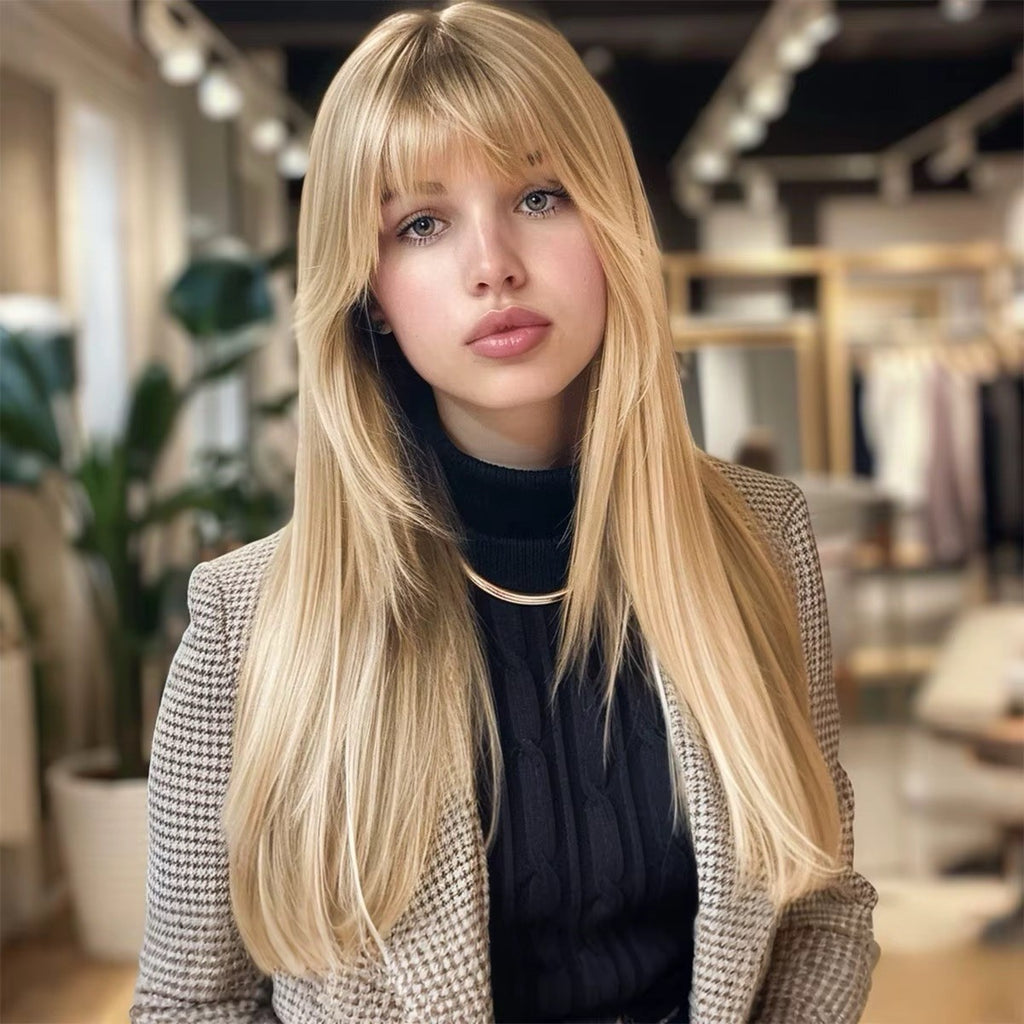 Light Blonde Brown Straight Lace Front Wig with Bangs - Synthetic High Temp Hair