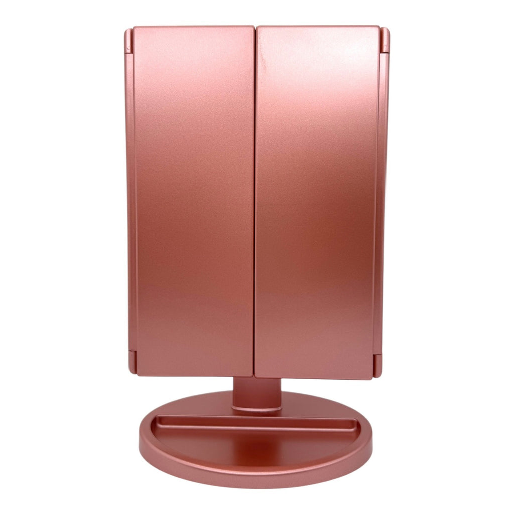 Tri-Fold Lighted Vanity Mirror with 22 LED, 1x 2x 3x Magnification, USB or Battery Powered, Rose Gold