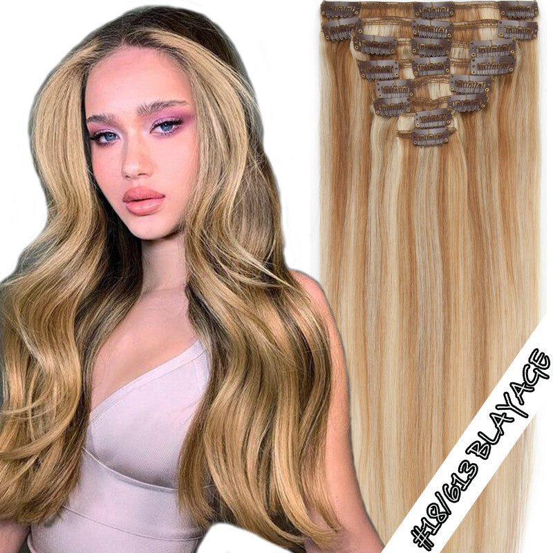 100% Human Hair Extensions Clip-In Full Head Set - Multiple Colors & Lengths