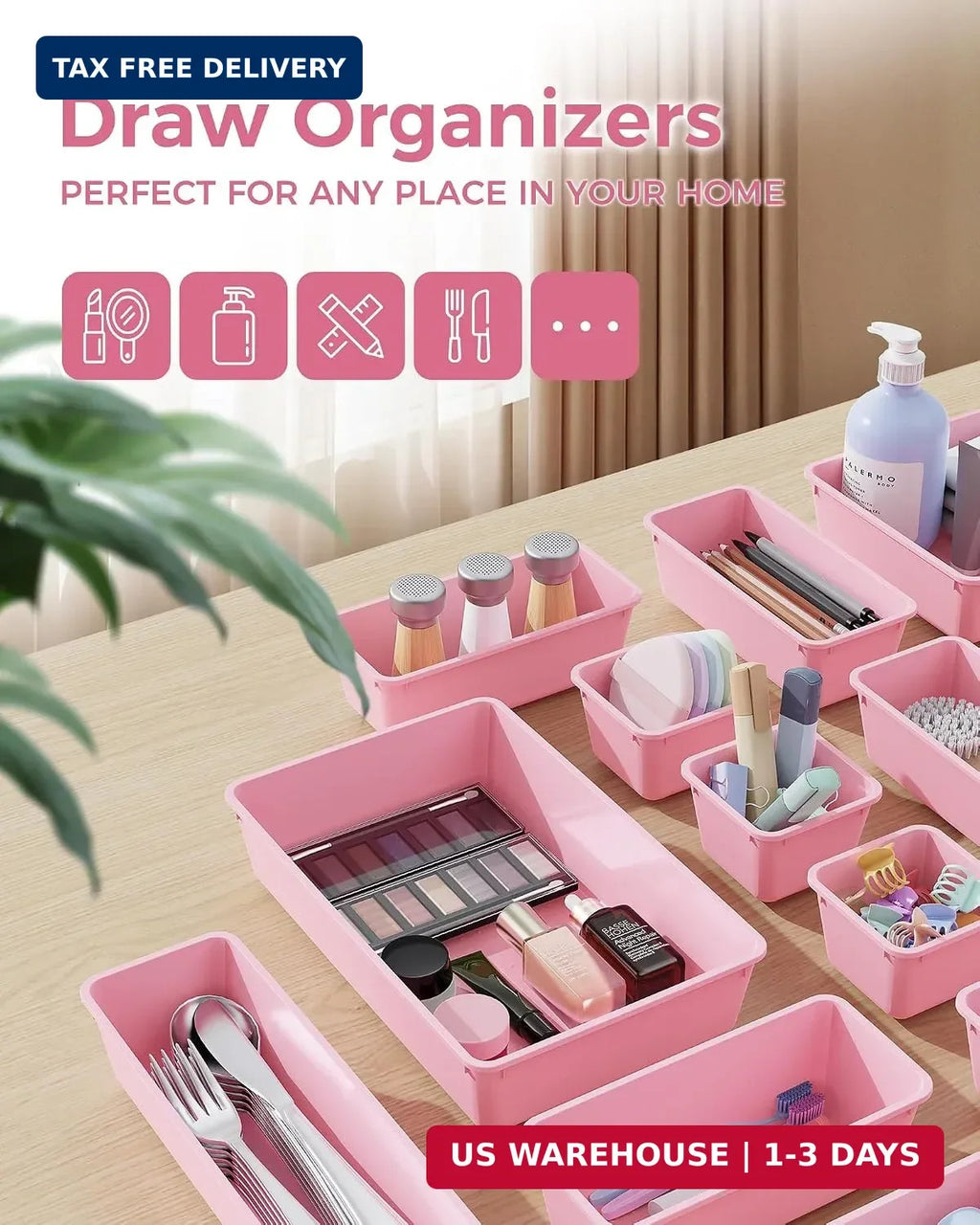 4-Sizes Plastic Drawer Organizers Set — Vanity & Makeup Storage, 25 pcs