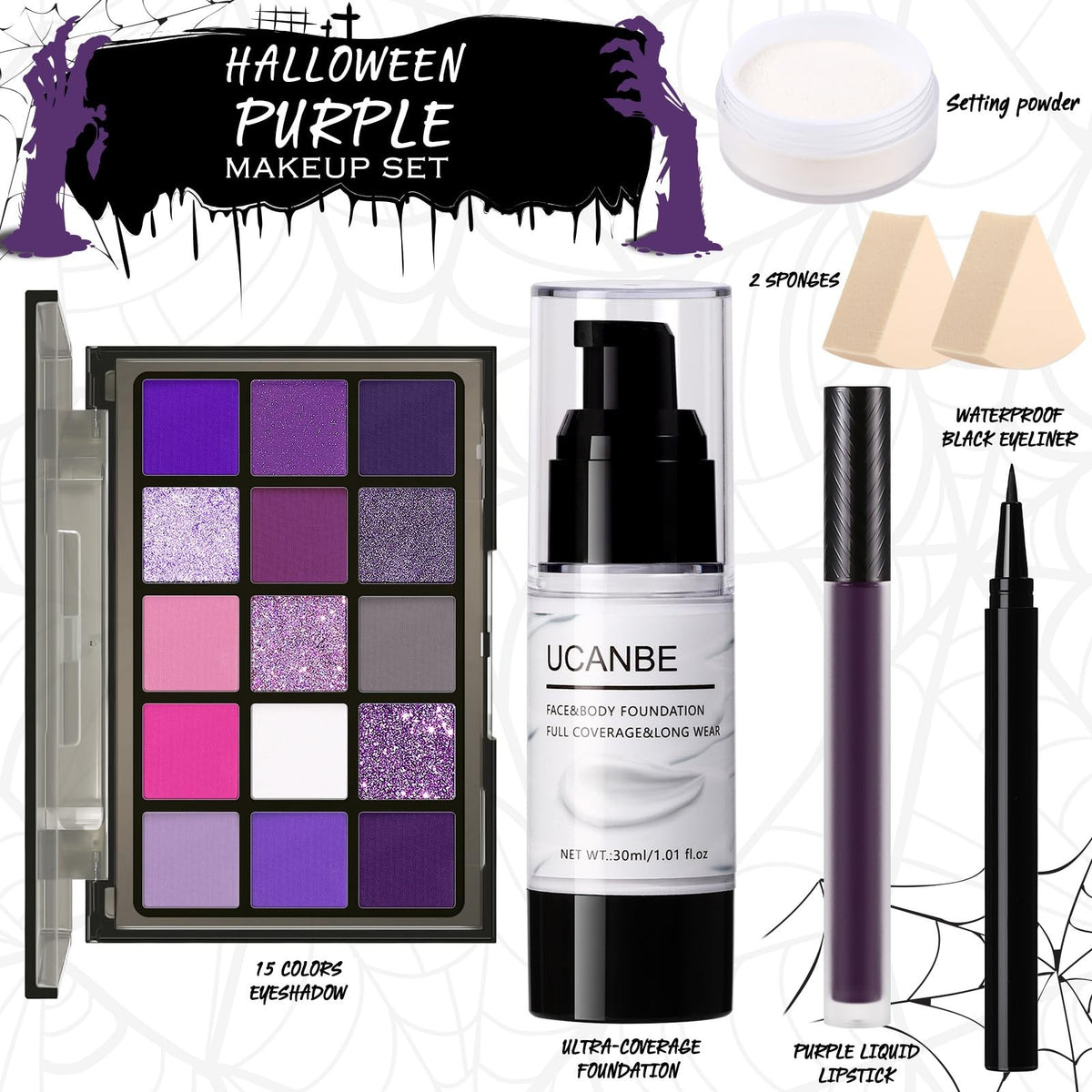 Ultrafine Purple Eyeshadow Palette with Foundation & Lipstick – Halloween Makeup Kit (15 Colors)
