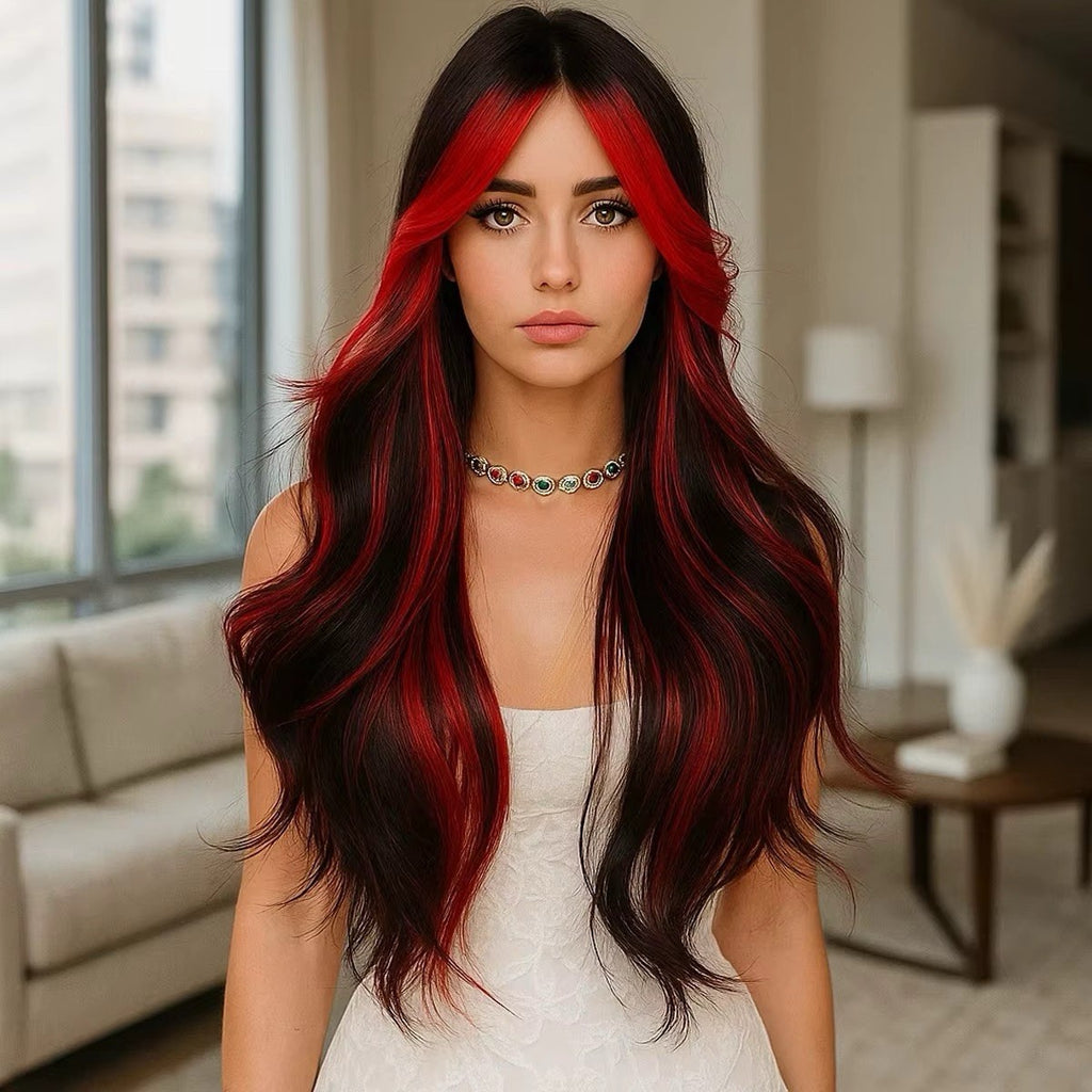 Long Wavy Lace Front Curly Wig with Red Gradient Highlights - 28 Inch Goth Style
