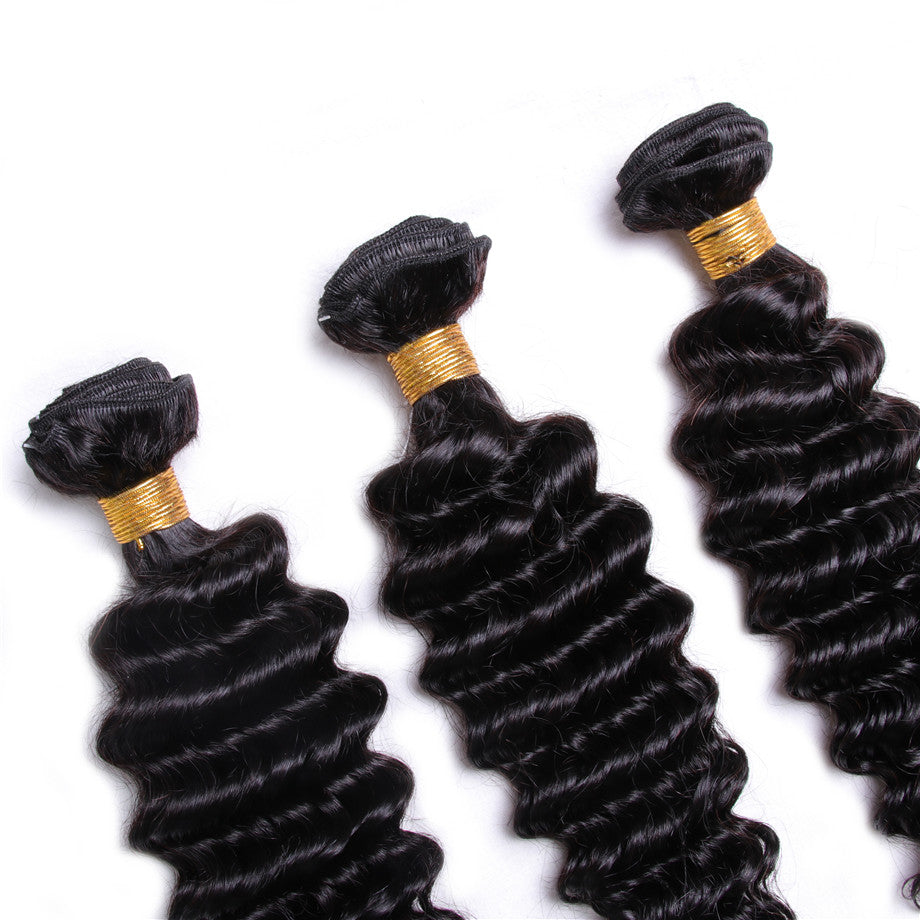 Virgin Human Hair Extensions 3 Bundles with Free Part Lace Closure Deep Wave