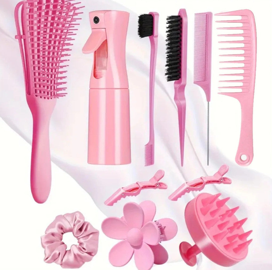 Pink Hair Styling Brush Set with Spray Bottle & Clips - Curl & Edge Styling Kit