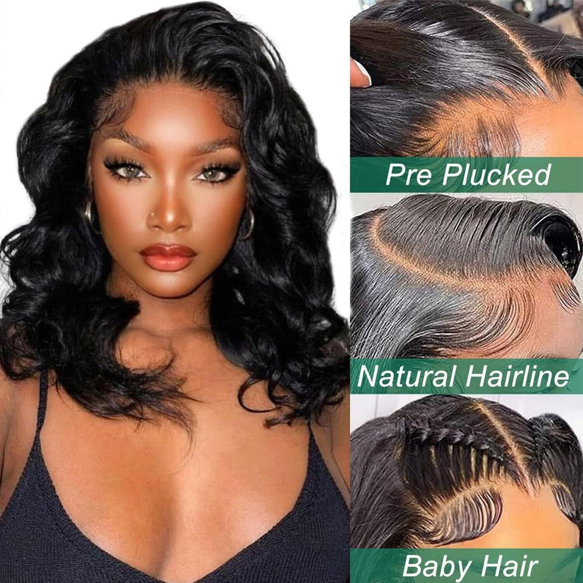 14-Inch Lace Front Bob Wig for Women Natural Black Body Wave Pre-Plucked