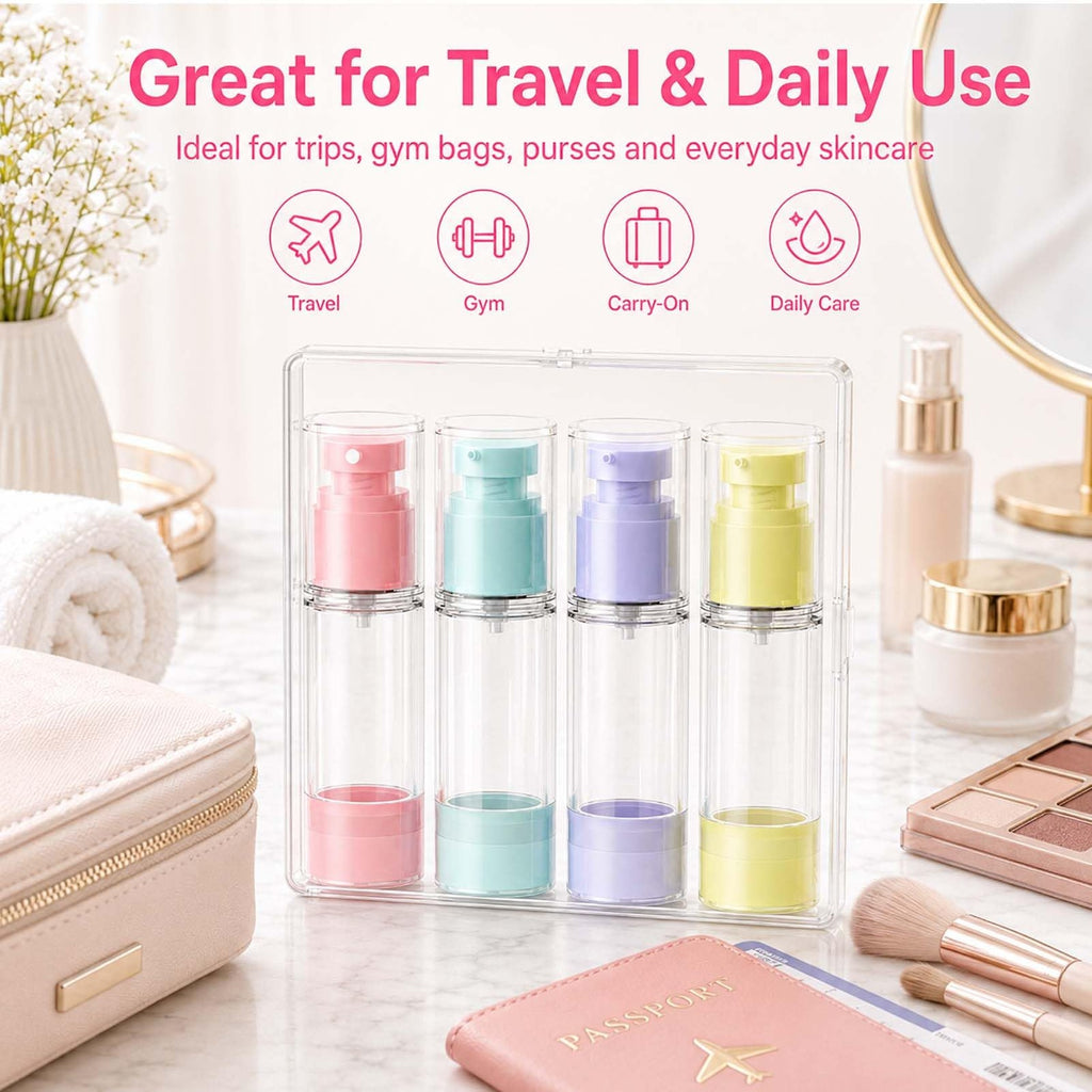4 Pack Travel Airless Pump Bottles - Leakproof 1 oz Cosmetic Dispensers for Toiletries