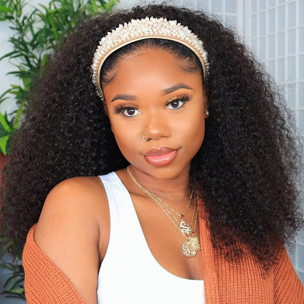 Human Hair Kinky Curly Headband Wig 18 Inch Natural Color for Black Women