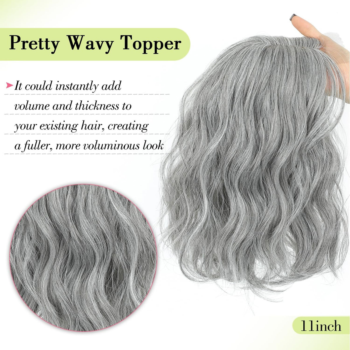11-Inch Short Wavy Hair Topper for Thinning Hair with Clip-In Base - Natural Synthetic, Silver Grey
