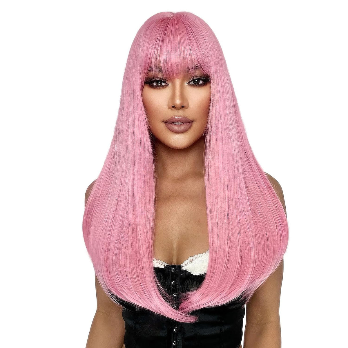 Pink Wig with Bangs - Long Straight 22 Inch Synthetic Hair for Women
