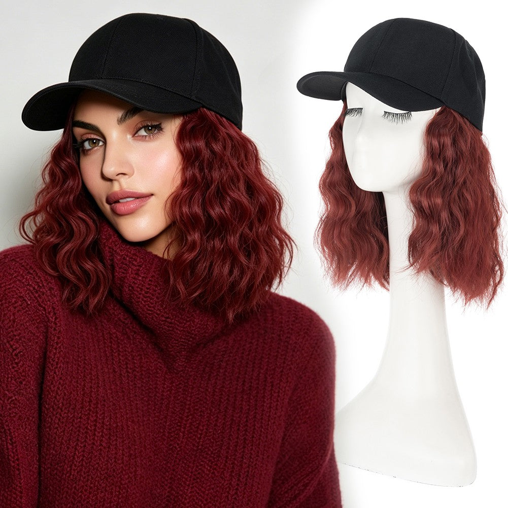 16-Inch Long Curly Cap Wig with Adjustable Baseball Hat and Attached Hair