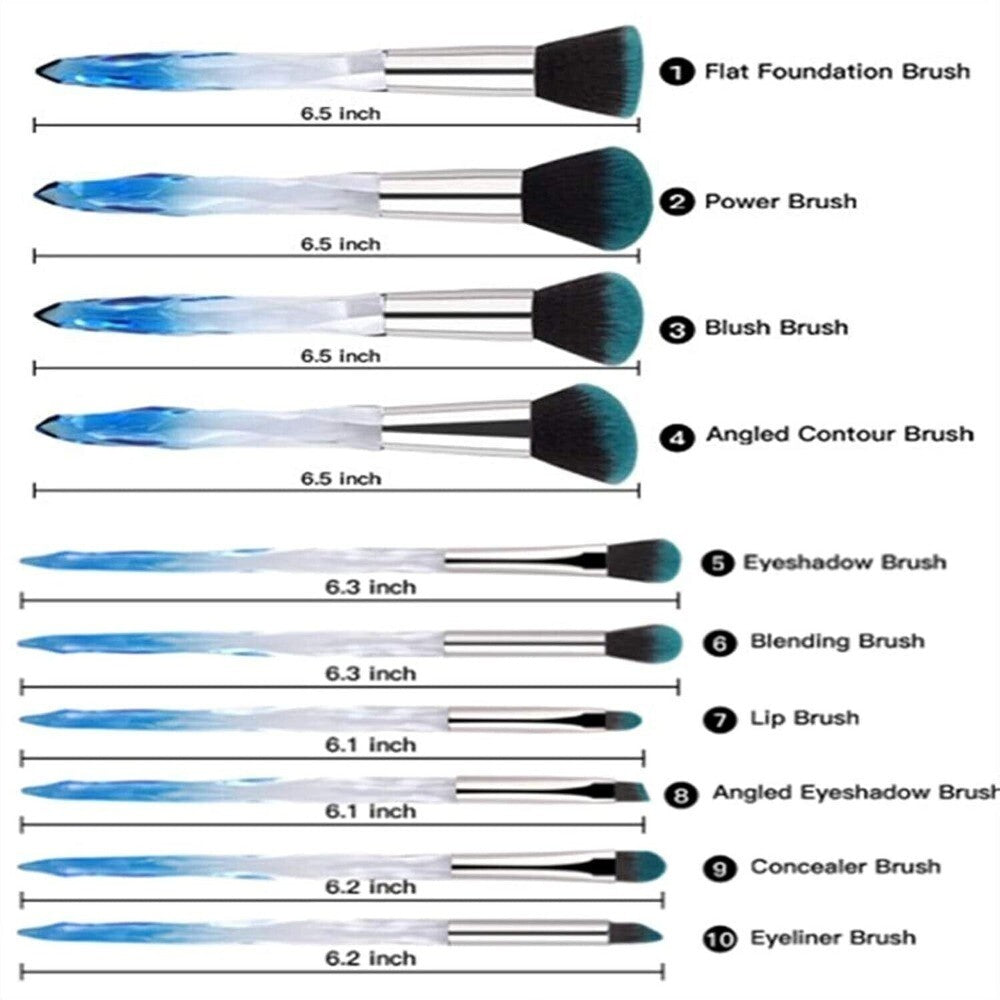 10PCS Makeup Brush Set with Crystal Handles - Powder, Eye, Eyeliner Brushes for Beginners