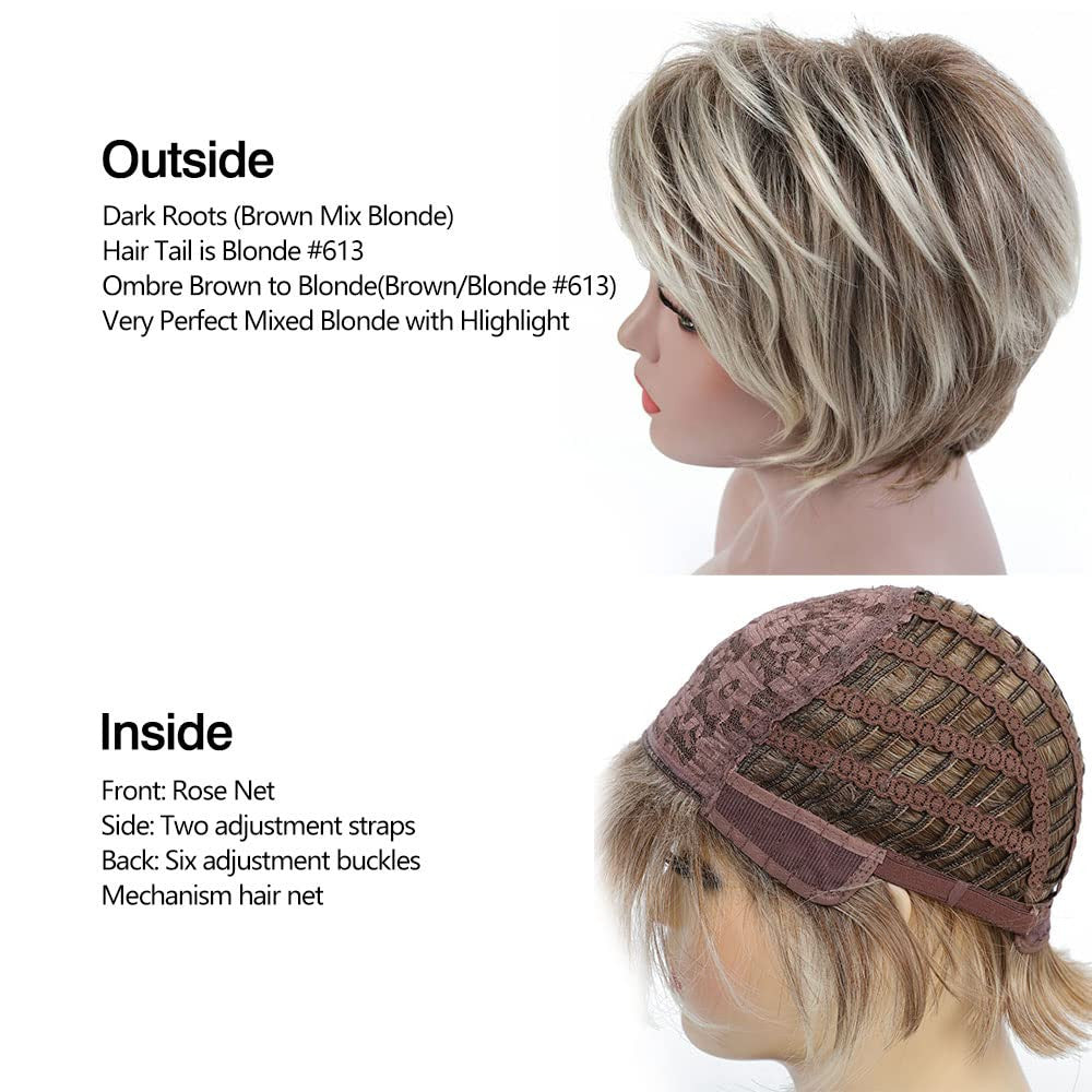 Short Blonde Brown Ombre Synthetic Wig - Curly, Adjustable Fit