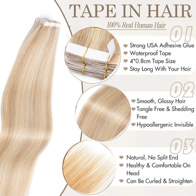 Russian Tape-In Human Hair Extensions - Thick Remy Hair, Multiple Colors & Lengths