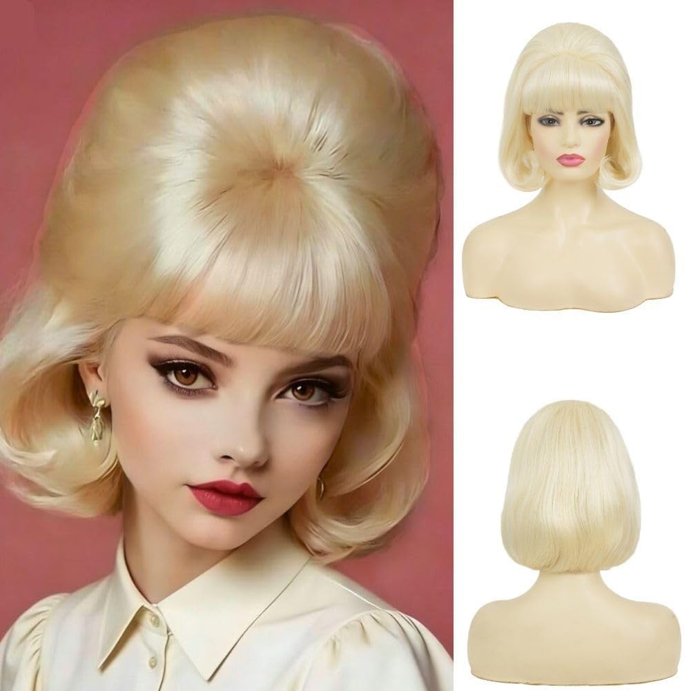 Blonde Beehive Wig for Women Short Curly Retro 50s 60s Costume Hair