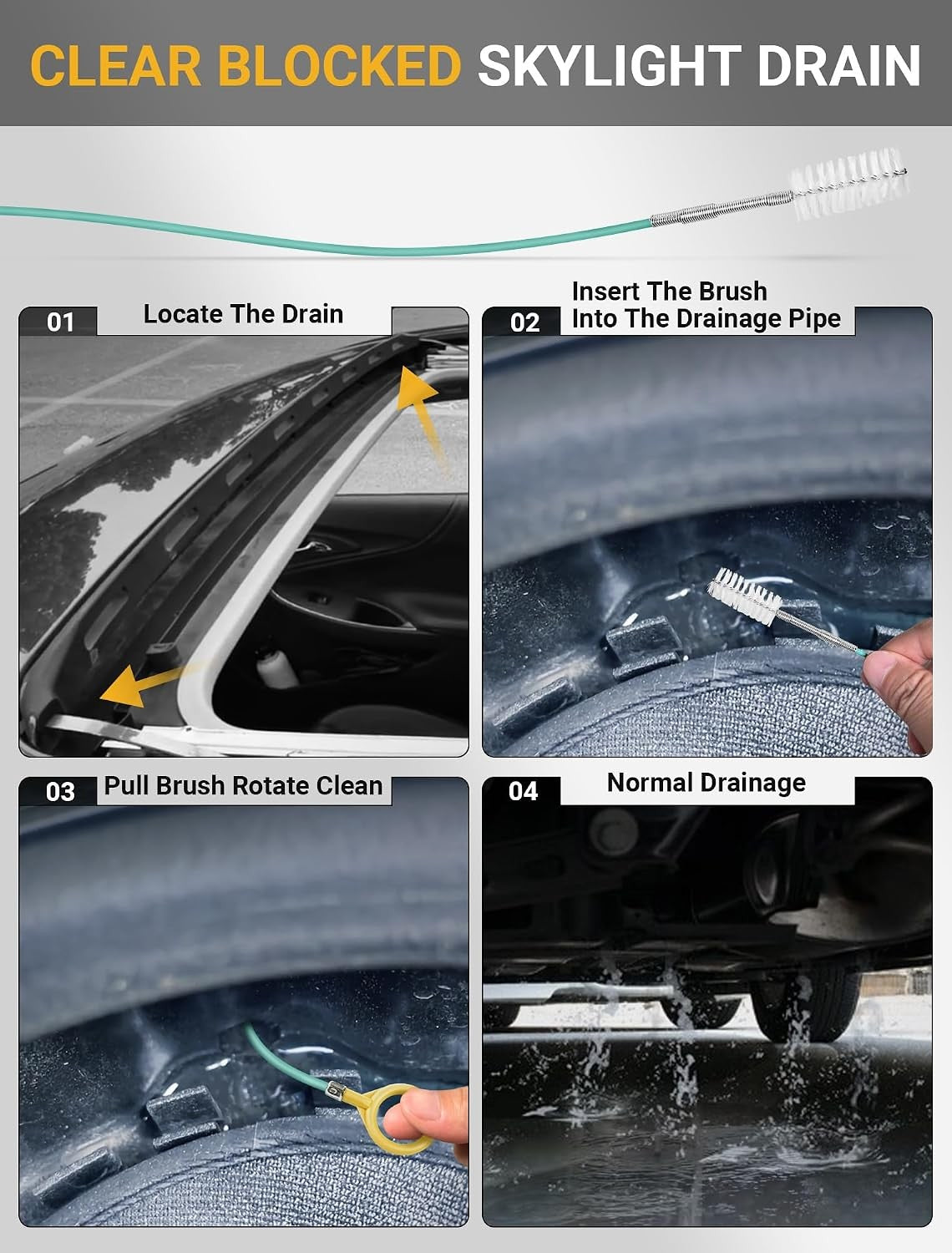 120-Inch Flexible Drain Brush Tube Cleaner for Car Sunroof & Pipes