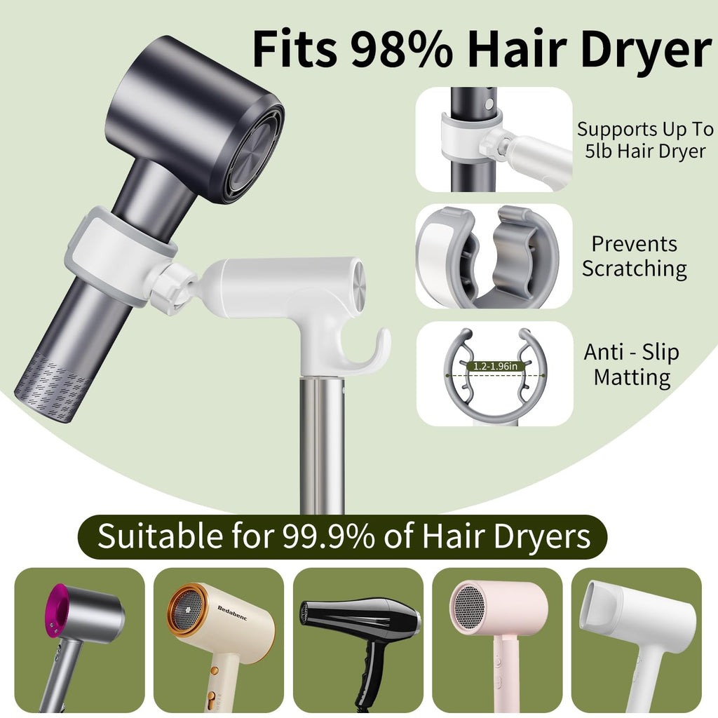 Adjustable Hands-Free Hair Dryer Stand 17-51 Inch Height with 360° Swivel & Hook