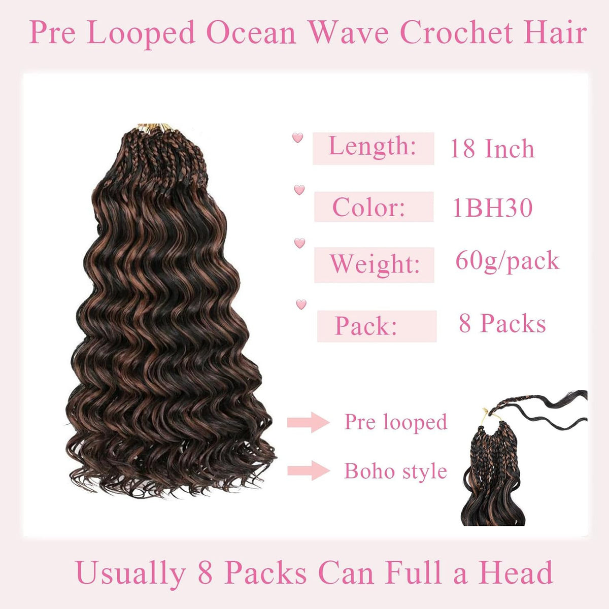 Pre Looped Ocean Wave Crochet Hair 18 Inch Synthetic Braids Black Mix - 8 Pack
