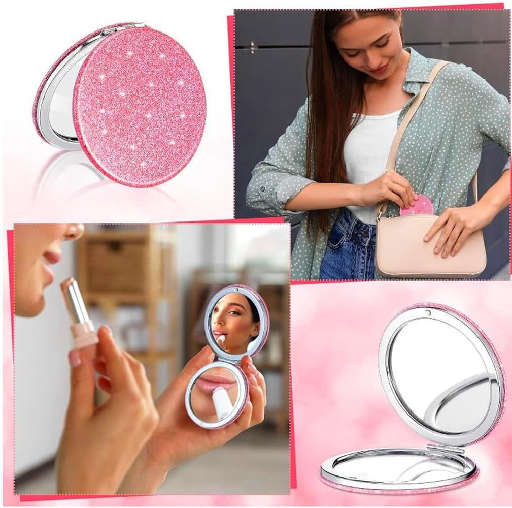 Pink Compact Travel Mirror with 1X & 2X Magnification - Folding Pocket Makeup Mirror