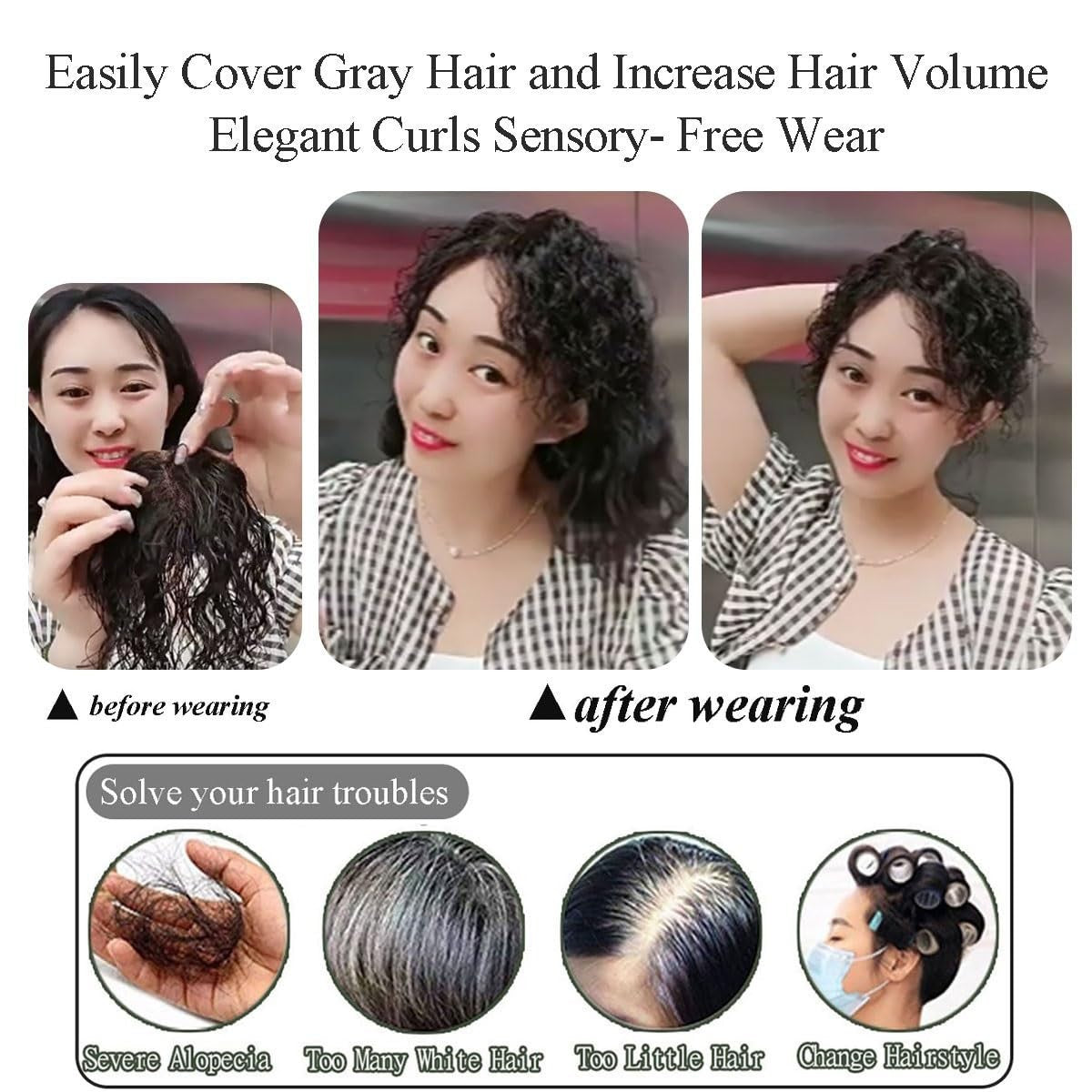10-Inch Human Hair Clip-In Wavy Curly Hair Topper for Women