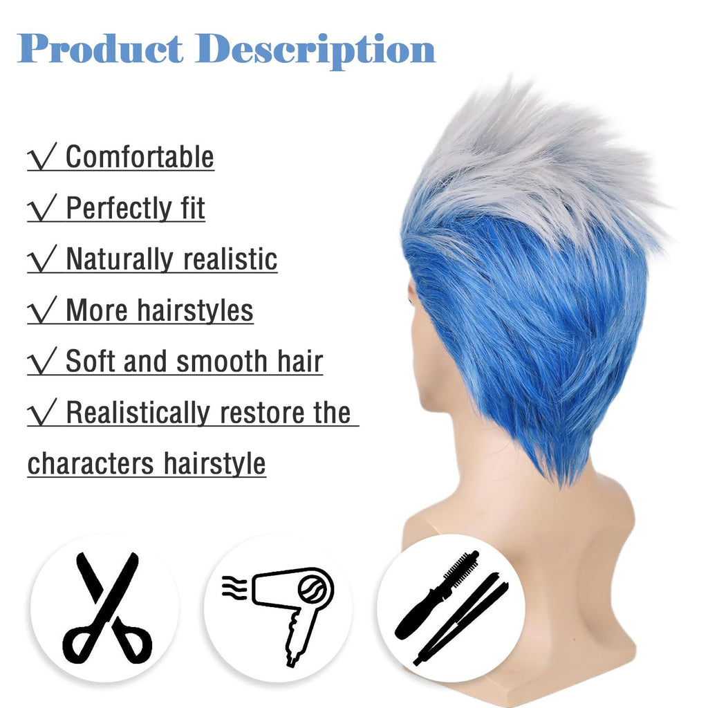 Short Curly Ombre Blue and White Cosplay Wig for Men Halloween