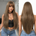 Women Brown Long Straight Synthetic Wig with Bangs for Cosplay and Party