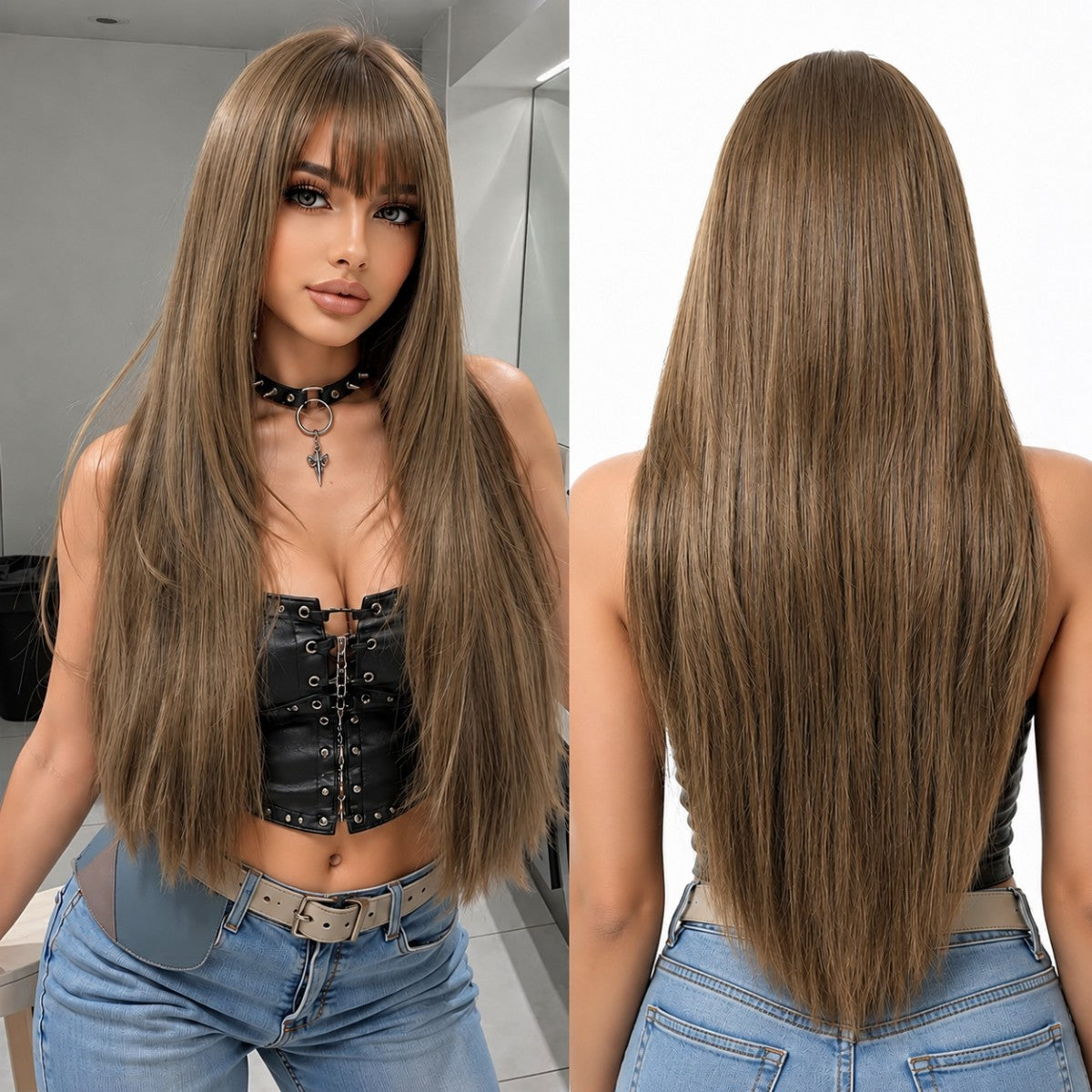 Women Brown Long Straight Synthetic Wig with Bangs for Cosplay and Party