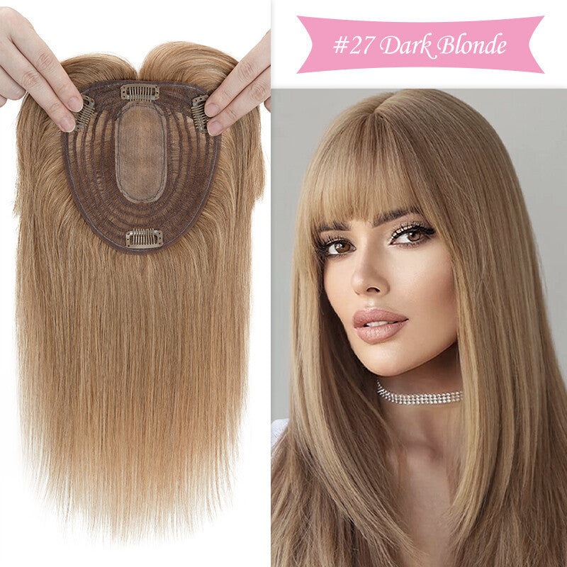 Remy Human Hair Topper Clip-In Hairpiece with Silk Base and Bangs - Multiple Sizes & Colors