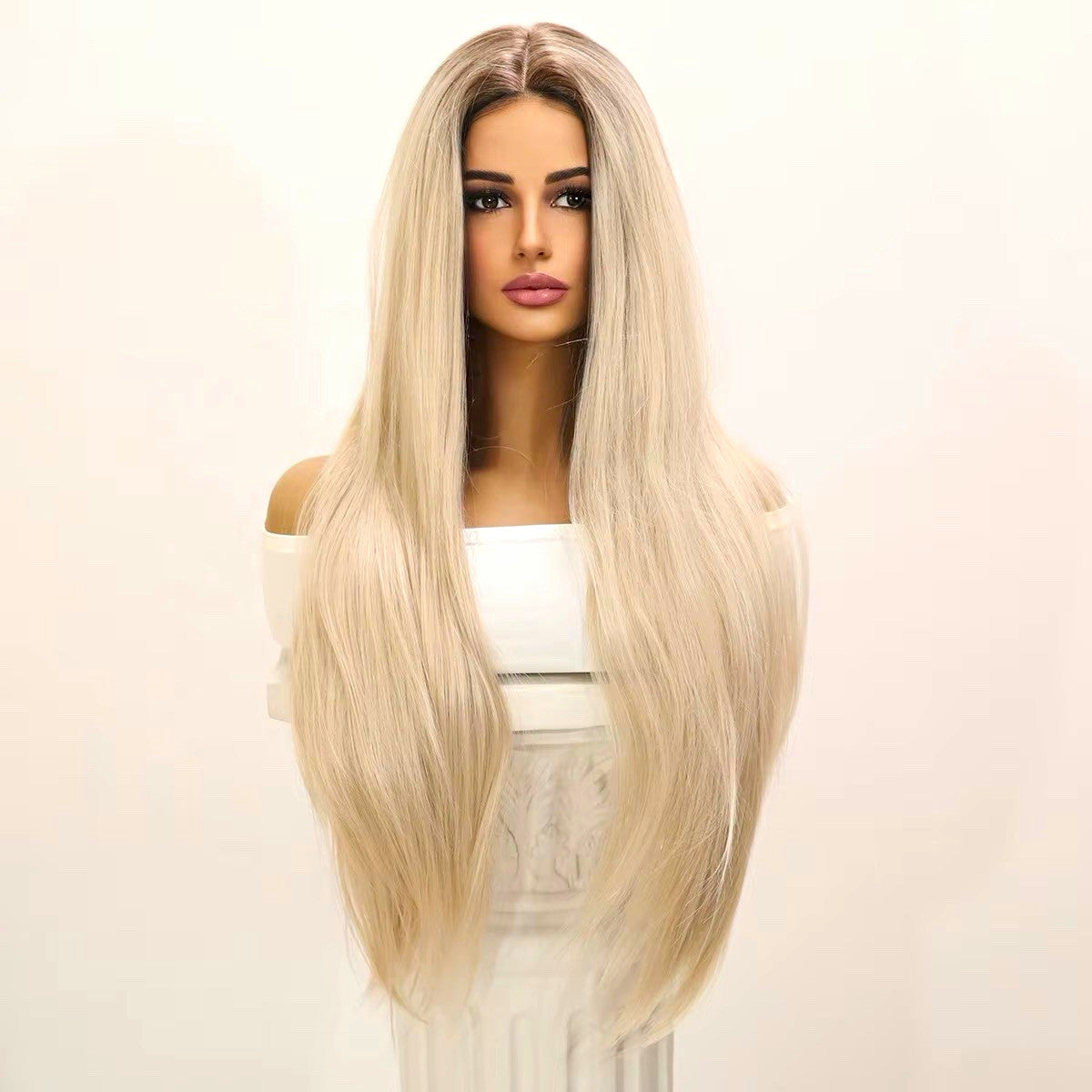 Women's 34-Inch Straight Blonde Wig with Dark Brown Roots Costume Hair Extension