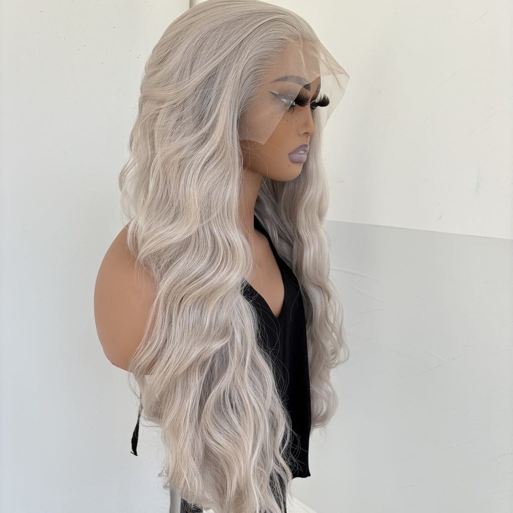 Long Wavy Synthetic Lace Front Wig - Heat Resistant Silver Grey Hair