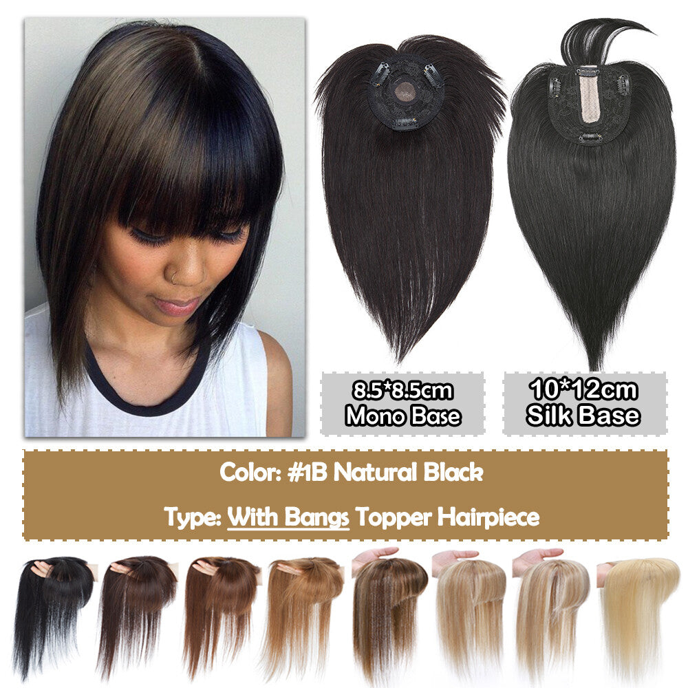 Human Hair Topper with Bangs Clip-In Remy Hairpiece for Thinning Hair