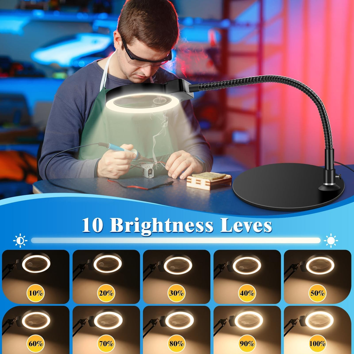 10X 30X LED Magnifying Glass with Light and Stand - Dimmable Desk Lamp for Crafts and Close Work