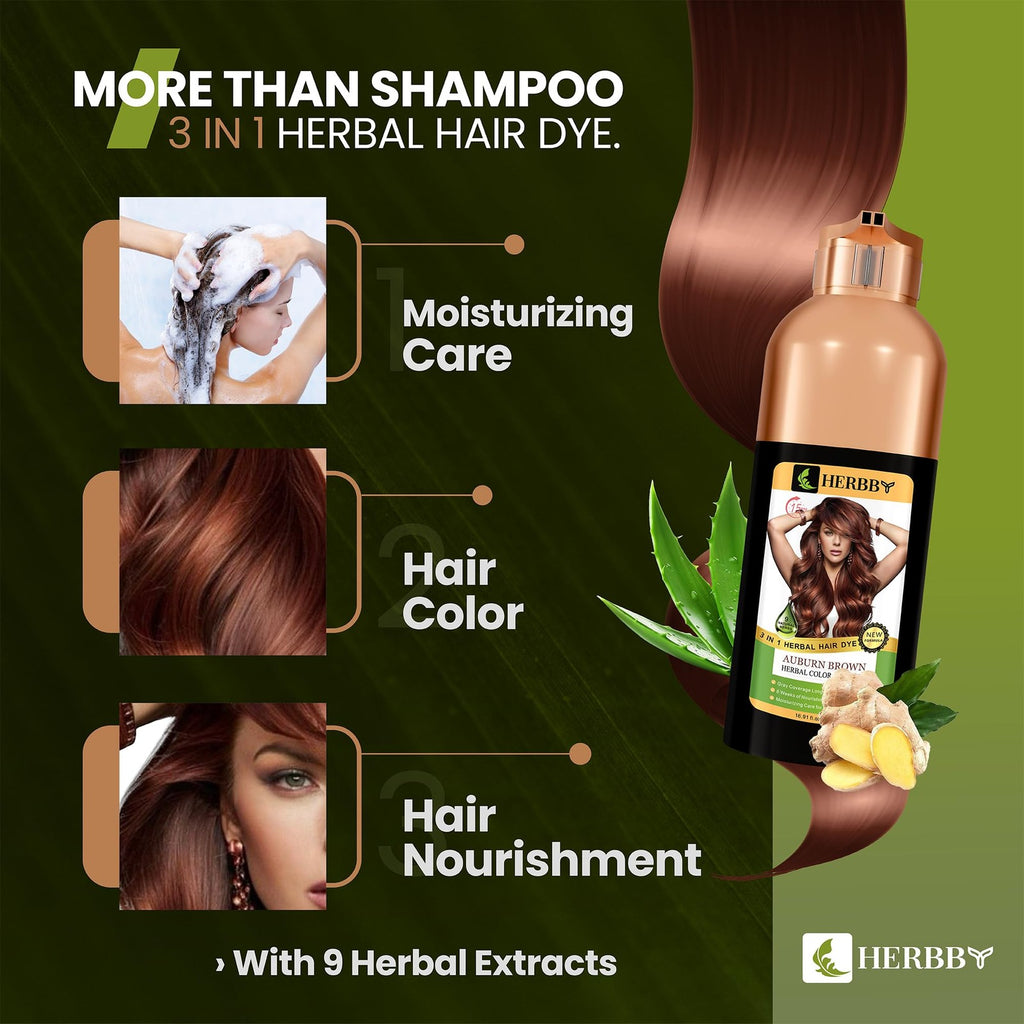 Hair Color Shampoo for Gray Coverage & Herbal Dye - 500ml Auburn Brown