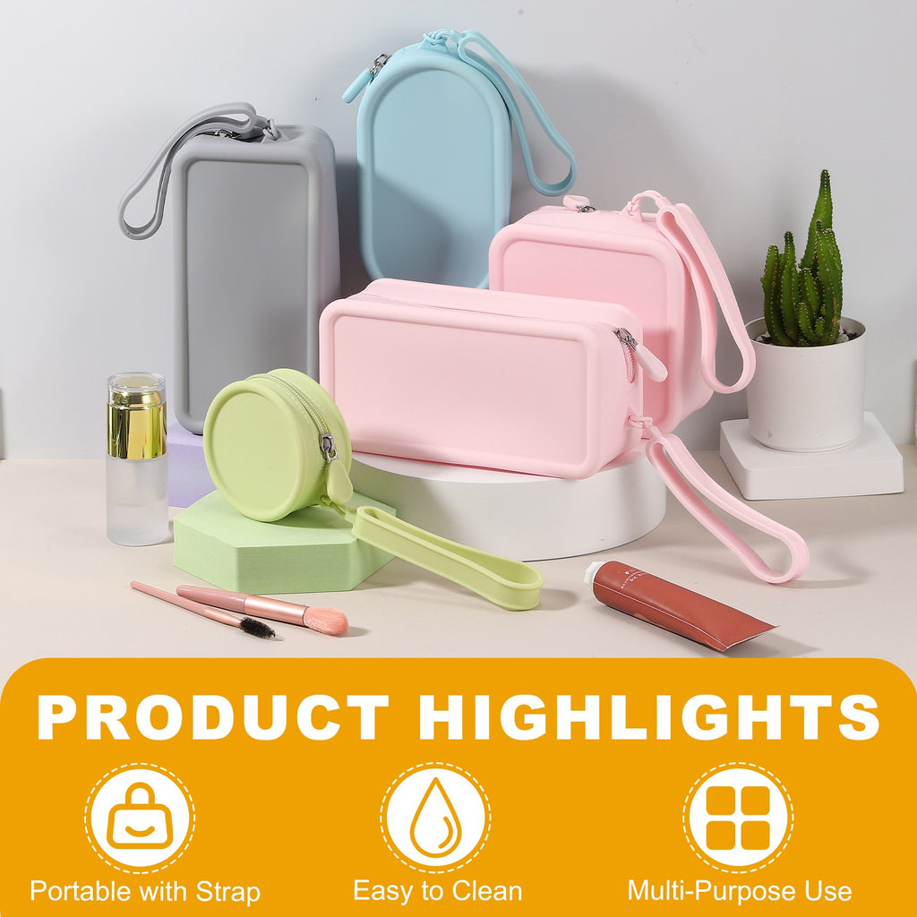 Round Silicone Makeup Bag, Small Pink Toiletry Organizer with Handle