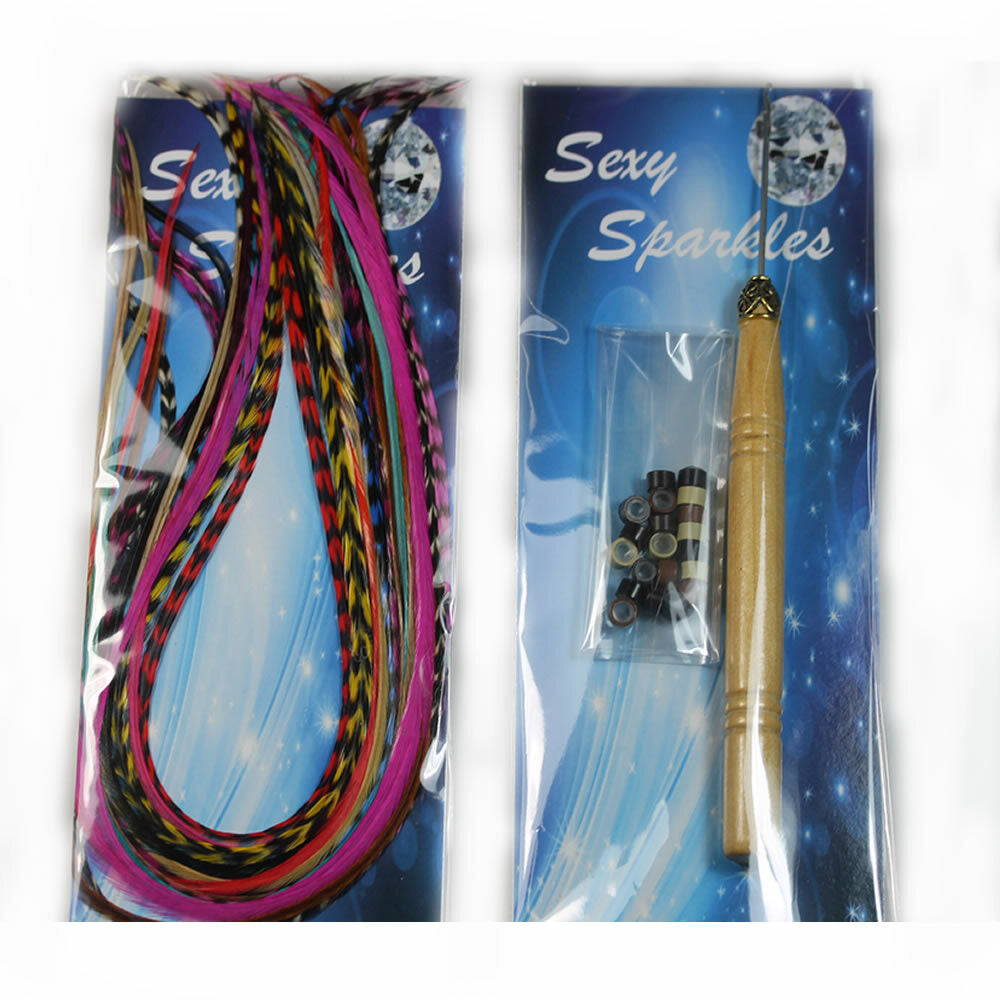 Rainbow Feather Hair Extensions Kit - 8-11 Inch Real Rooster Feathers with Beads & Tool