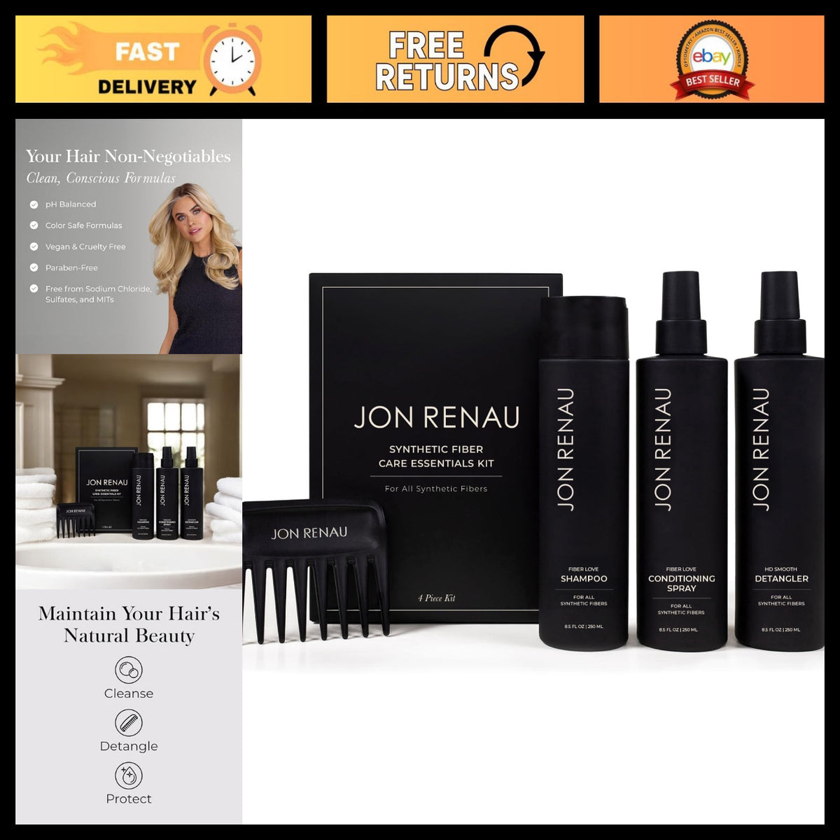 Synthetic Wig Care Kit with Shampoo, Leave-In Conditioner, Detangler Spray & Comb