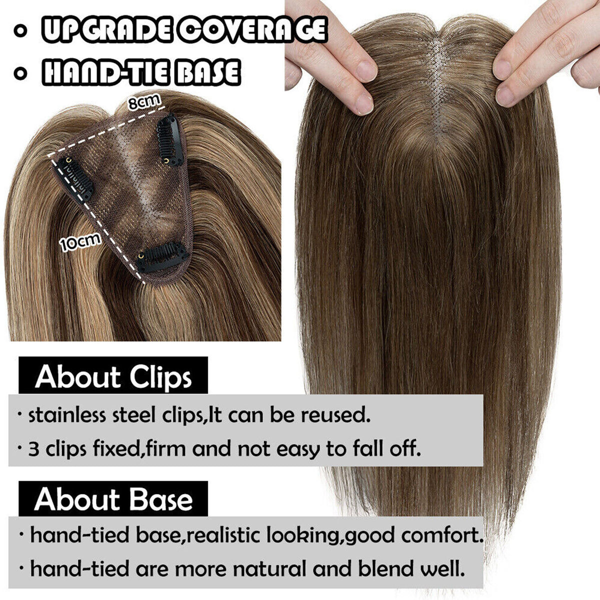 Clip-In Human Hair Topper for Thinning Hair 8x10in Natural Remy Hair