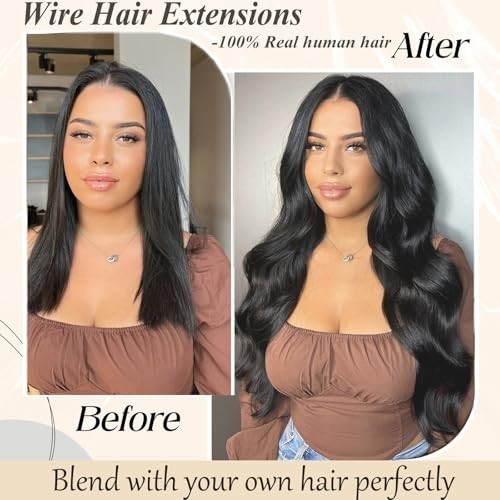 16-Inch Human Hair Extensions with Invisible Halo Wire - Natural Black, 80g, Clip-In