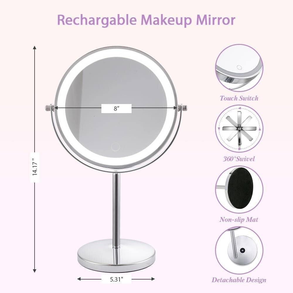 Rechargeable 8-Inch Lighted 1X/10X Magnifying Makeup Mirror with Chrome Finish
