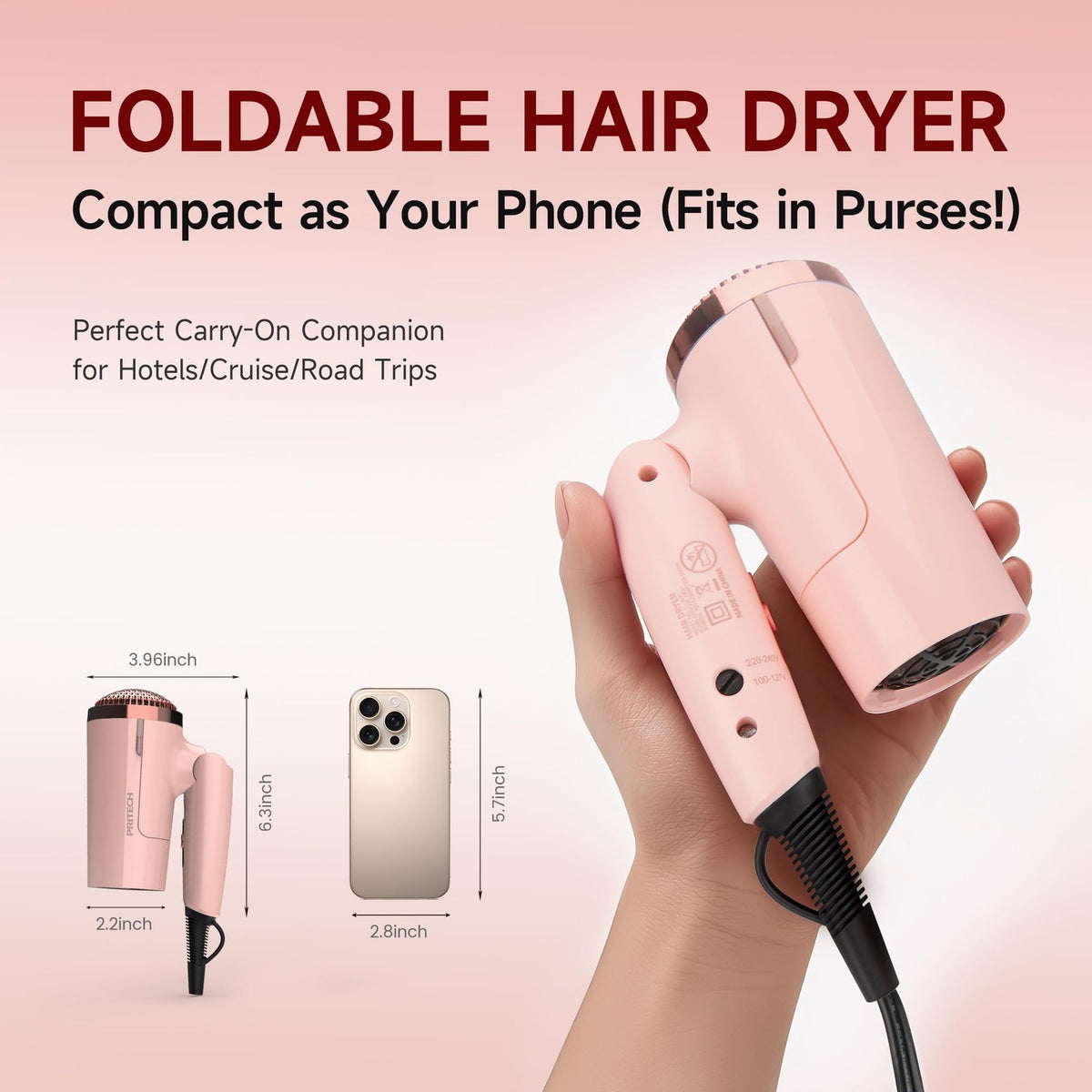 1250W Dual Voltage Foldable Travel Hair Dryer with Concentrator & Diffuser