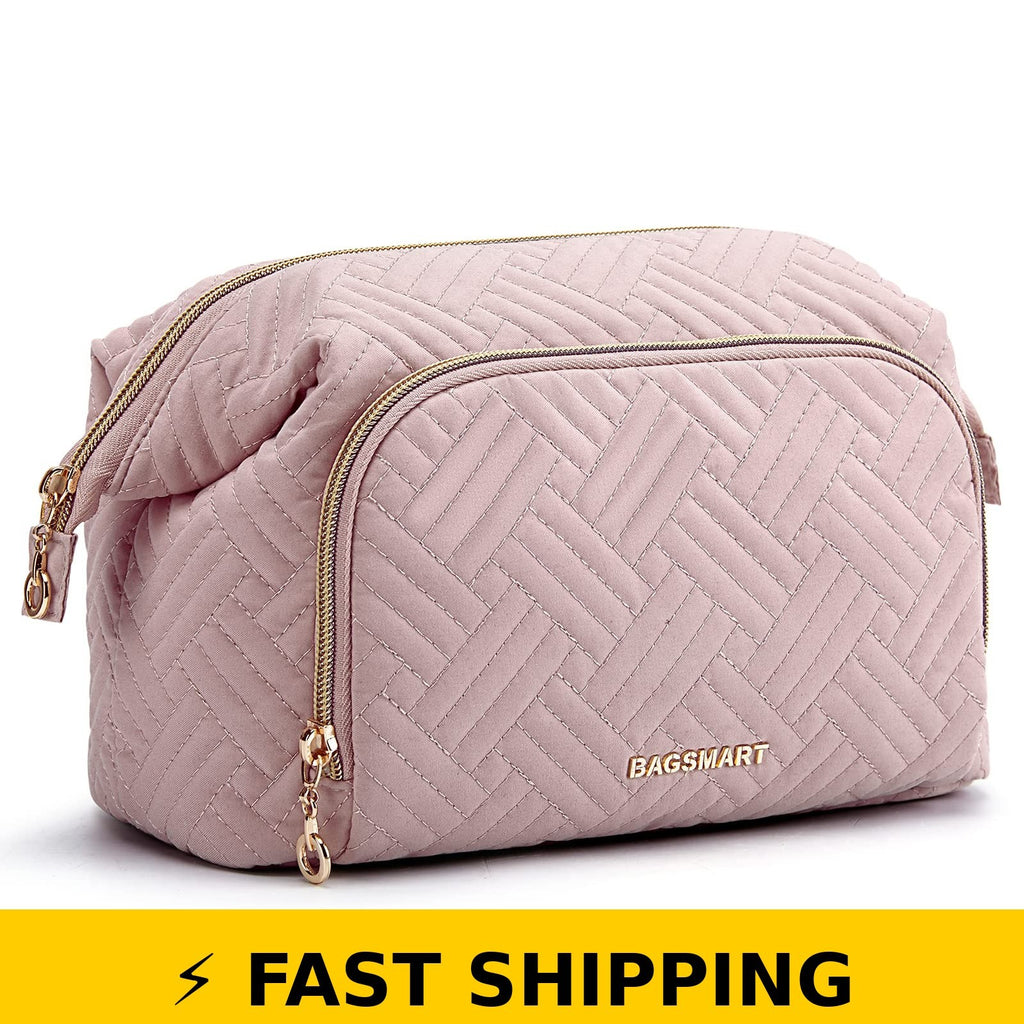 Travel Makeup Bag - Wide-Open Organizer Case in Pink, 7.8x4.7x3.5 in