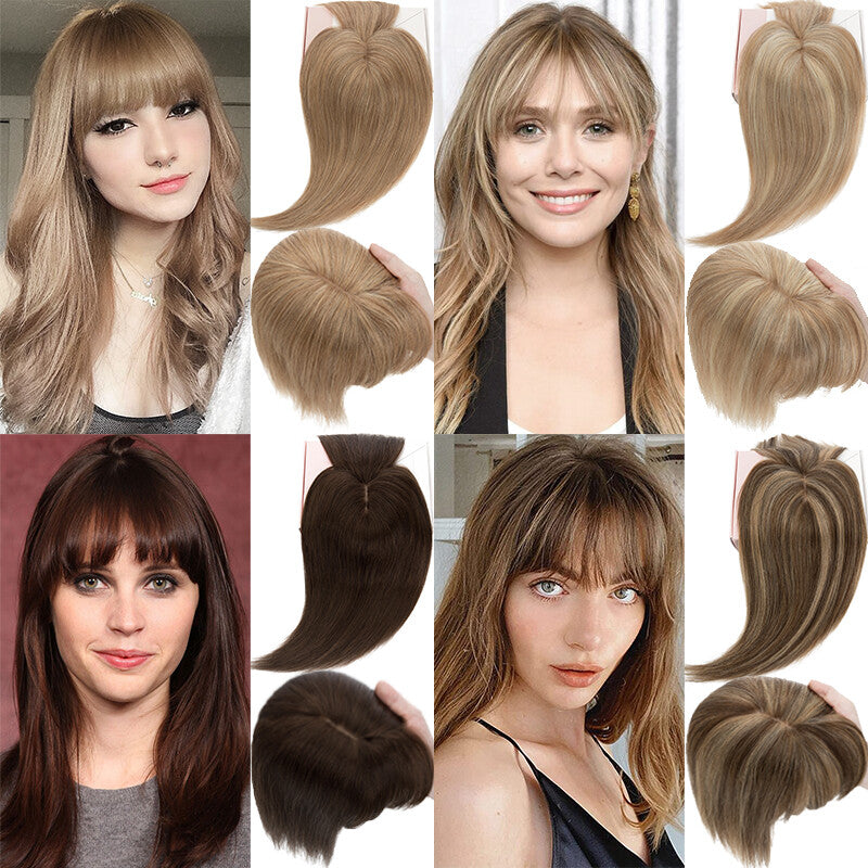 Remy Human Hair Topper Clip-In Hairpiece with Silk Base and Bangs - Multiple Sizes & Colors