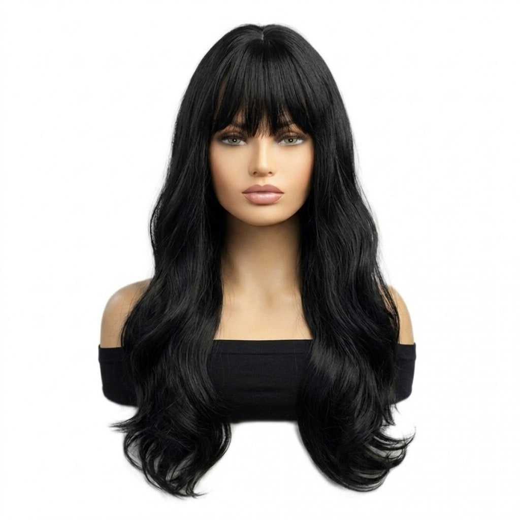 Long Wavy Synthetic Costume Wig with Bangs - Off Black, Heat Resistant, Soft & Natural Looking