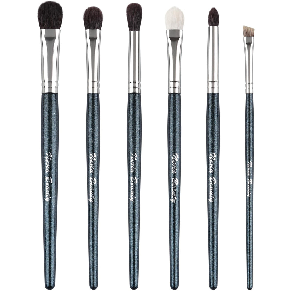 Natural Goat Hair Eye Makeup Brush Set - 6 Pcs Professional Blending Tools, Blue