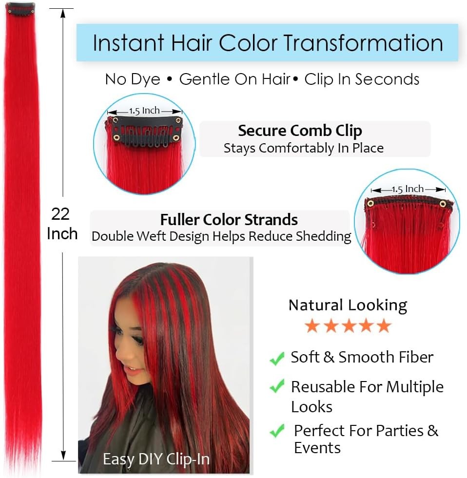 12PCS Red Clip-In Hair Extensions 22 Inch Long Straight Synthetic Hair