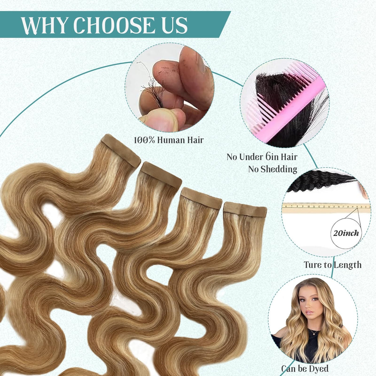 Human Hair Tape-In Extensions 18 Inch Curly Honey Blonde 20pcs